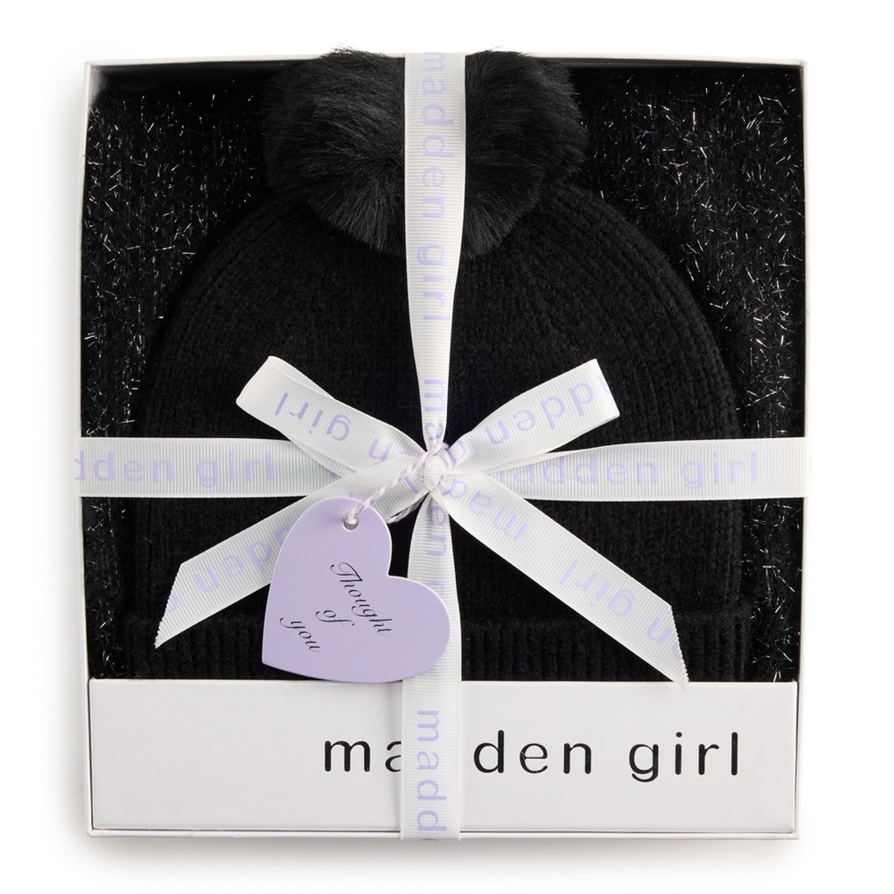 madden girl 2-Piece Black Tinsel Weave Oblong Scarf & Pom Pom Beanie Gift Set
